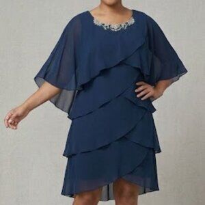 SLNY NWT sequin beaded Tulip tiered navy blue chiffon dress & caplet jacket 14